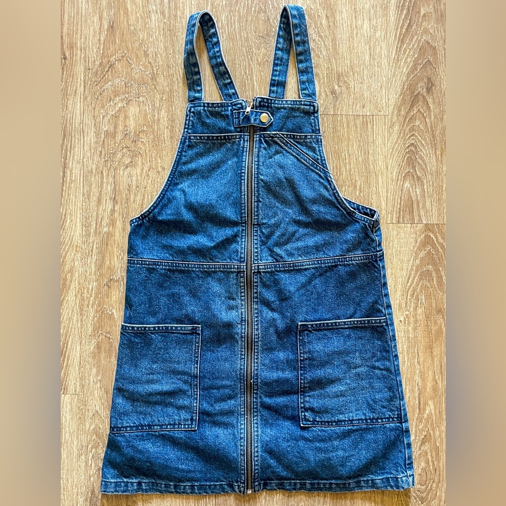 TOPSHOP Dark Blue Denim Overall Dress with Front Zipper